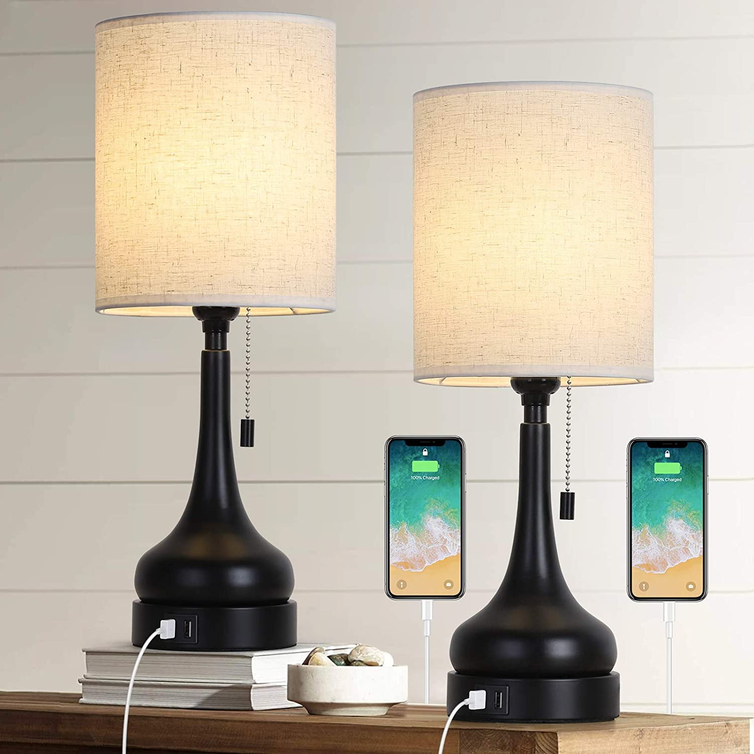 Table Lamps Set of 2 with Two USB Charging Ports, Bedside Lamps with Eye-Caring Lampshade for Bedroom, Living, Room, Study Room