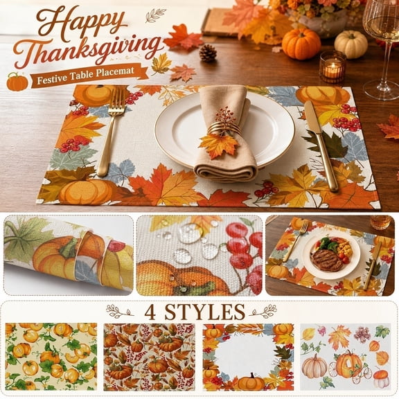 Table Mat, Thanksgiving Table Decorations, Fall Table Decor, Pumpkin Table Decor, 18X12 Inch Thanksgiving Harvest Pattern Printed Placemat, Pumpkin and Maple Leaf Print Fall