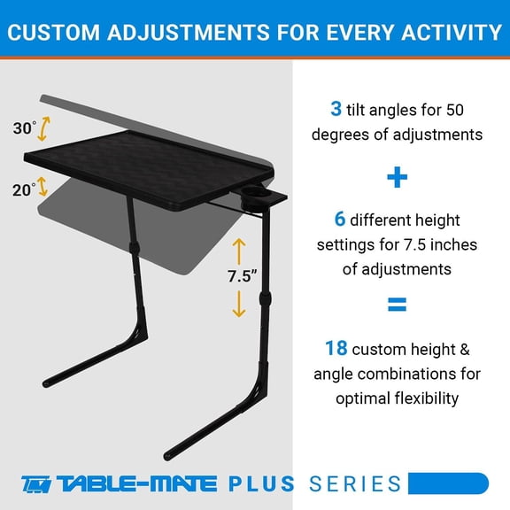 Table-Mate TV Tray Table | Portable Desk Folding Dinner Tray, Couch Table Trays for Eating Snack Food, Portable Laptop Desk, Bed Trays for Eating | Adjustable TV Trays with 3 Angles and Cup Holder