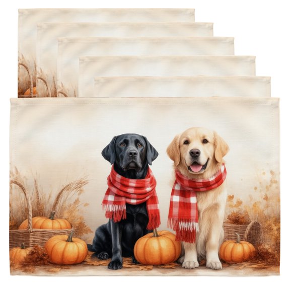 Table Mats Fall A couple of dogs sitting next to each other in front of pumpkins. Set of 6 Placemats 12" x 18" Kitchen Fall Decor