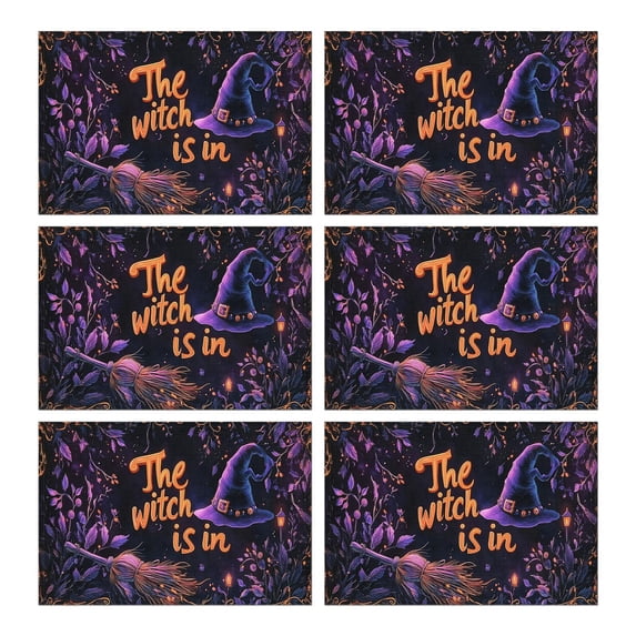 Table Mats Set of 6 Halloween Pumpkin Witch Bat Spider Purple Spooky Place Mat Durable No Slip Outdoor Indoor Table Mats for Wedding Restaurant & Camping Autumn Halloween Dining Table Mats