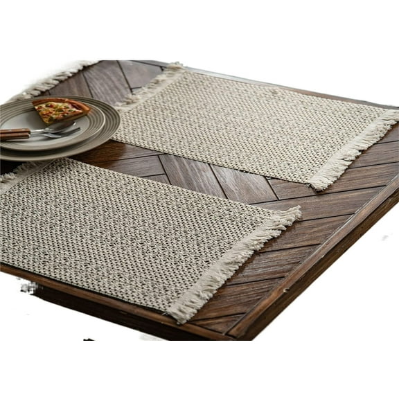 Table Mats Set of 2 Placemats Cotton Linen with Tassel Heatproof Dining Table Decor 12inch by 20inch Cream Beige Color