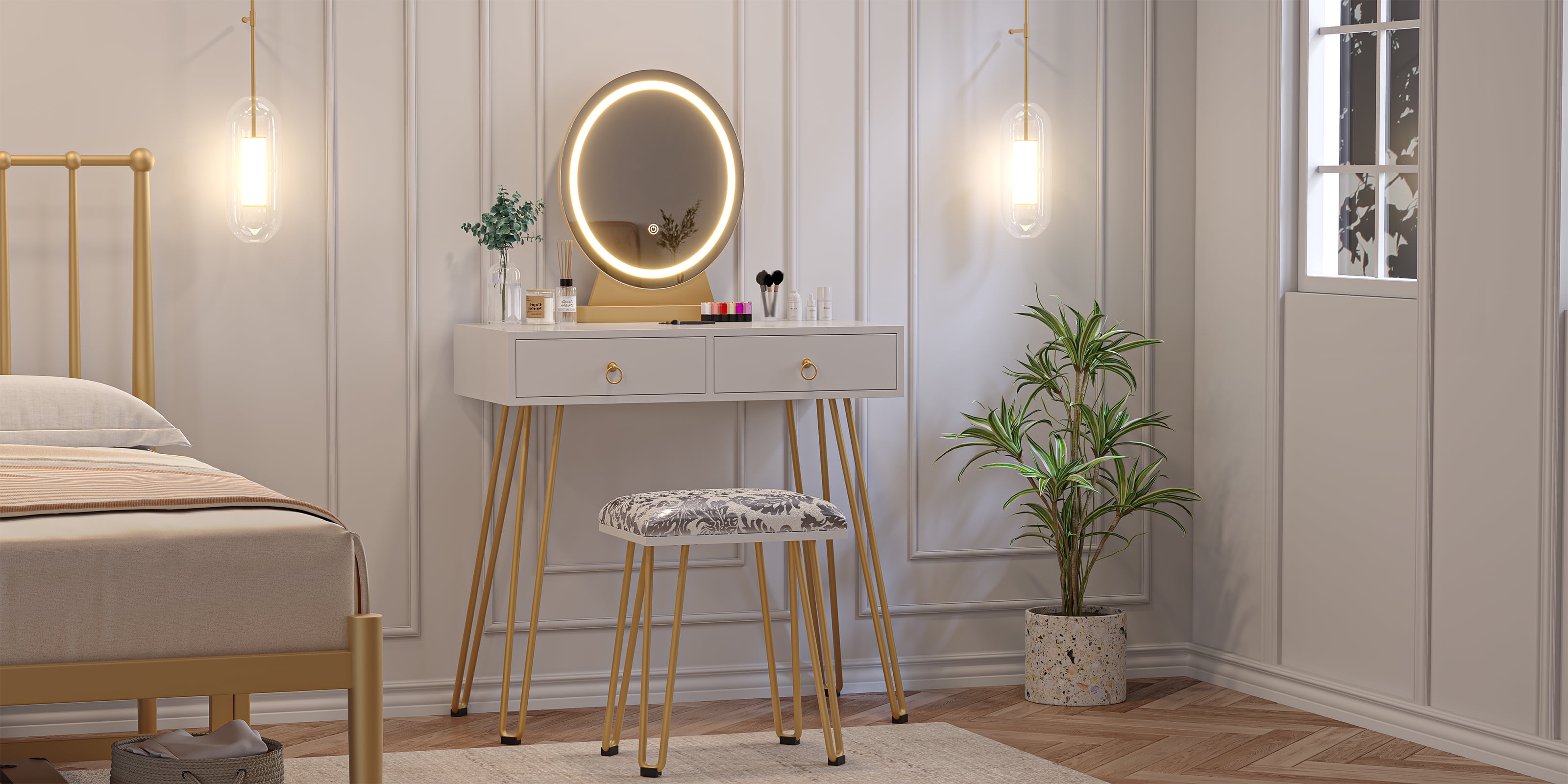 Table with Mirror Lamp,Dressing Table with 4 Drawers,3 Lighting Modes