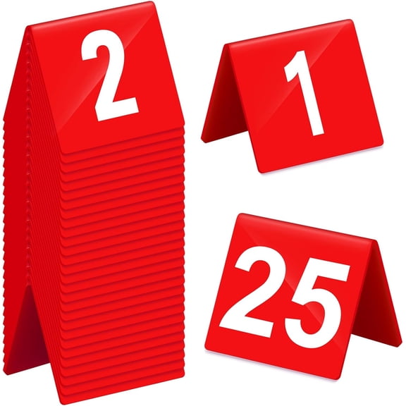 Table Numbers 1-25 Acrylic Double Side Numbered Table Tents Plastic Restaurant Wedding Numbers Cards Signs for Party Banquets Wedding Reception(Red, White)