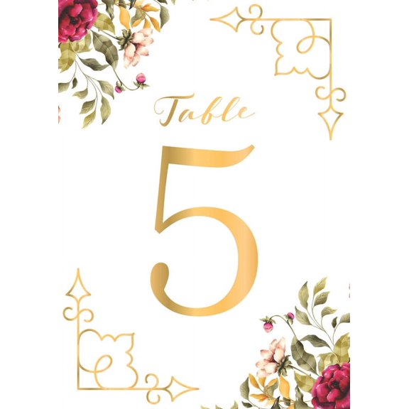Table Numbers, Golden With Flower Double-Sided Cardss Plus Head Table Cards for your Wedding, Reception, Anniversary, Birthday Party or Celebration, 4"x6" (1-30 plus Head Table Cards)