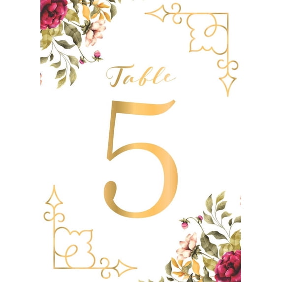 Table Numbers, Golden With Flower Double-Sided Cardss Plus Head Table Cards for your Wedding, Reception, Anniversary, Birthday Party or Celebration, 4"x6" (1-40 plus Head Table Cards)