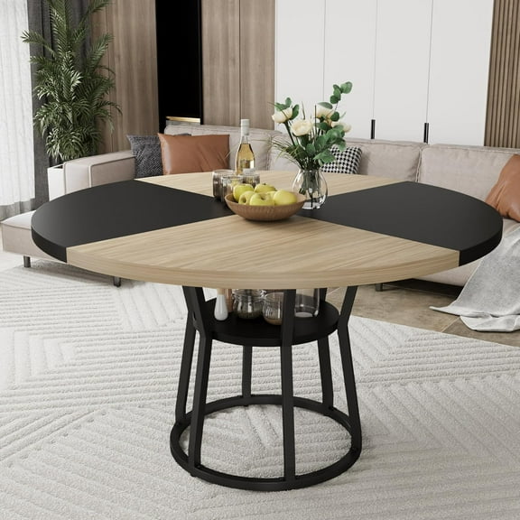 Table Only-Round Dining Table for 4-6, 47.2" Wood Farmhouse Kitchen Table with Storage, Adjustable Feet and Iron Frame, Circle Dinner Tables for Kitchen, Dining Room, Living Room, Meeting Room