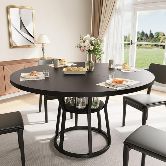 Table Only-Round Dining Table for 4-6, 47" Wood Dining Room Table with Storage Shelf, Farmhouse Kitchen Table with Metal Base, Large Round Table for Home, No Chairs