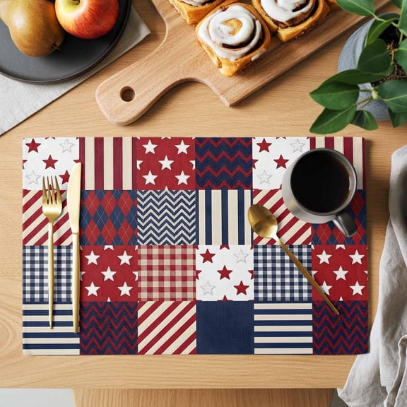 Table Placemats Set of 4 250th Anniversary Patriotic Patchwork Washable Place Mats Red White Blue Plaid Non-Slip Insulation Table Mats for Kitchen Dining Party Decoration,12x18 Inch