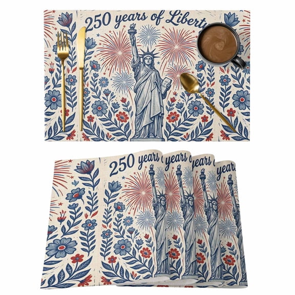 Table Placemats Set of 4,250th Anniversary Statue of Liberty Non-Slip Kitchen Dining Tables Place Mat,Red Blue Flowers Leaf Washable Table Mats for Home Dinner Holiday Party Banquet