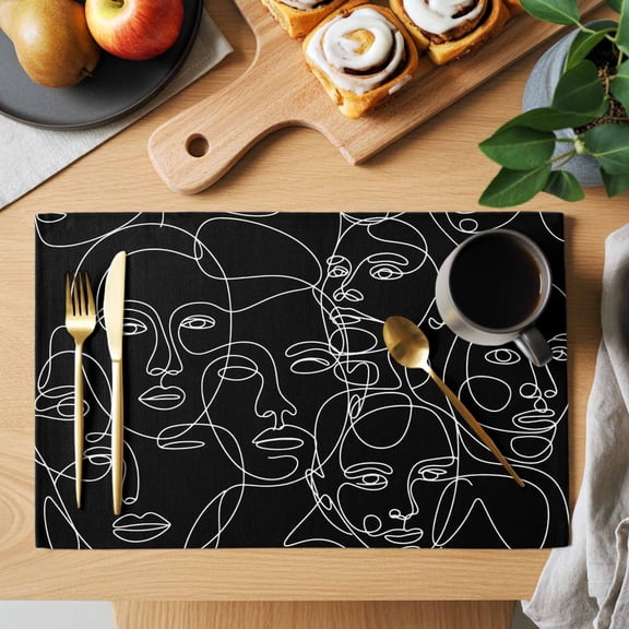 Table Placemats Set of 4 Abstract Character Face Modern Line Arts Washable Place Mats Black White Non-Slip Insulation Table Mats for Kitchen Dining Party Decoration,13x19 Inch