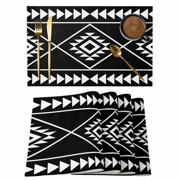 Table Placemats Set of 4,Abstract Ethnic Geometric Art Non-Slip Kitchen Dining Tables Place Mat,Black White Tribal Triangle Washable Table Mats for Home Dinner Holiday Party Banquet