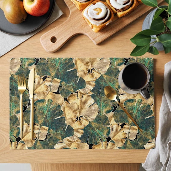 Table Placemats Set of 4 Abstract Green Gold Ginkgo Leaf Washable Place Mats Rustic Autumn Fall Leaves Non-Slip Insulation Table Mats for Kitchen Dining Party Decoration,13x19 Inch