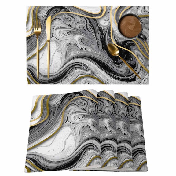 Table Placemats Set of 4,Abstract Marble Texture Non-Slip Kitchen Dining Tables Place Mat,Modern Grey Gold Fluid Style Washable Table Mats for Home Dinner Holiday Party Banquet
