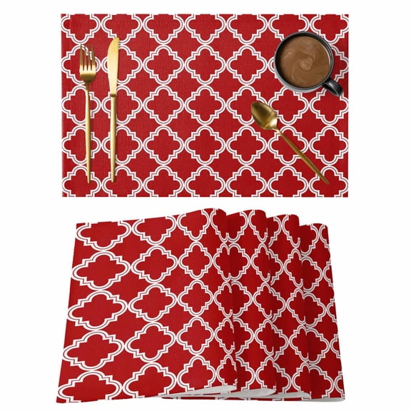 Table Placemats Set of 4,Abstract Morocco Tile Plaid Art Non-Slip Kitchen Dining Tables Place Mat,Modern Farm Lattice on Red Washable Table Mats for Home Dinner Holiday Party Banquet