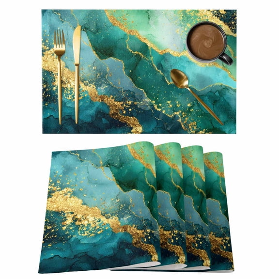Table Placemats Set of 4,Abstract Turquoise Marble Texture Non-Slip Kitchen Dining Tables Place Mat,Gold Line Stone Style Washable Table Mats for Home Dinner Holiday Party Banquet