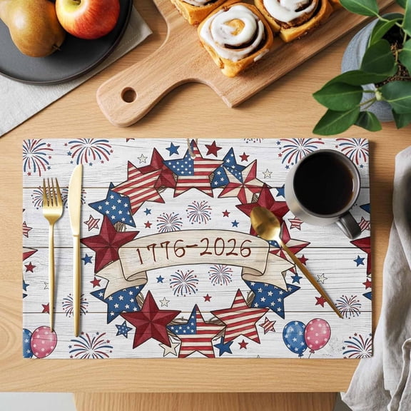 Table Placemats Set of 4 American 250th Anniversary Washable Place Mats Red Blue Star Wood Board Non-Slip Insulation Table Mats for Kitchen Dining Party Decoration,12x18 Inch