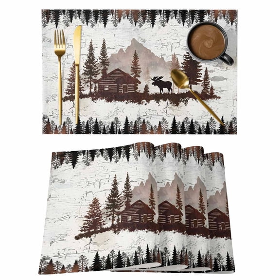 Table Placemats Set of 4,Black Deer Forest Wooden House Non-Slip Kitchen Dining Tables Place Mat,Abstract Mottled Texture Washable Table Mats for Home Dinner Holiday Party Banquet