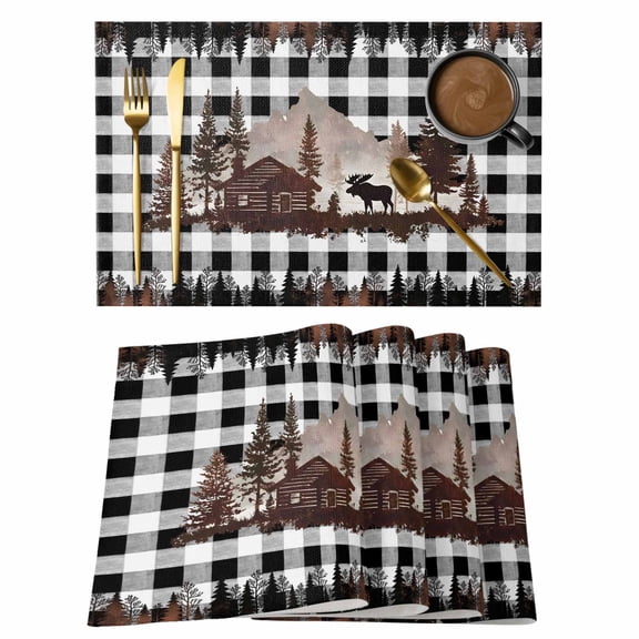 Table Placemats Set of 4,Black Deer Forest Wooden House Non-Slip Kitchen Dining Tables Place Mat,Black White Buffalo Check Washable Table Mats for Home Dinner Holiday Party Banquet