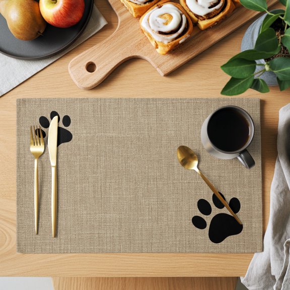 Table Placemats Set of 4 Black Dog Paws Prints Washable Place Mats Farm Animal Claws Brown Linen Non-Slip Insulation Table Mats for Kitchen Dining Party Decoration,13x19 Inch