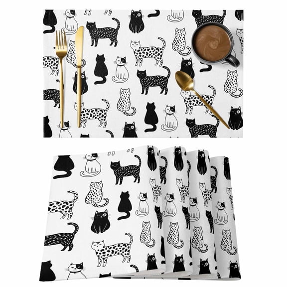 Table Placemats Set of 4,Black White Cats Non-Slip Kitchen Dining Tables Place Mat,Cute Spotted Leopard Print Kitty Washable Table Mats for Home Dinner Holiday Party Banquet