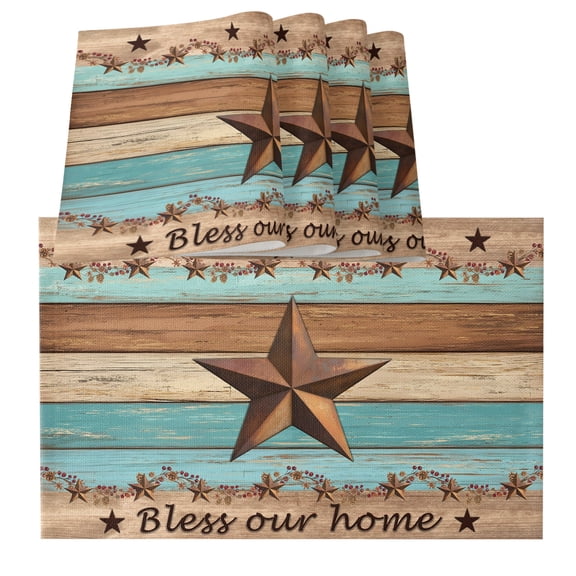Table Placemats Set of 4,Bless Our Home Words Village Star Non-Slip Kitchen Dining Tables Place Mat,Blue Green Wood Borad Washable Table Mats for Home Dinner Holiday Party Banquet