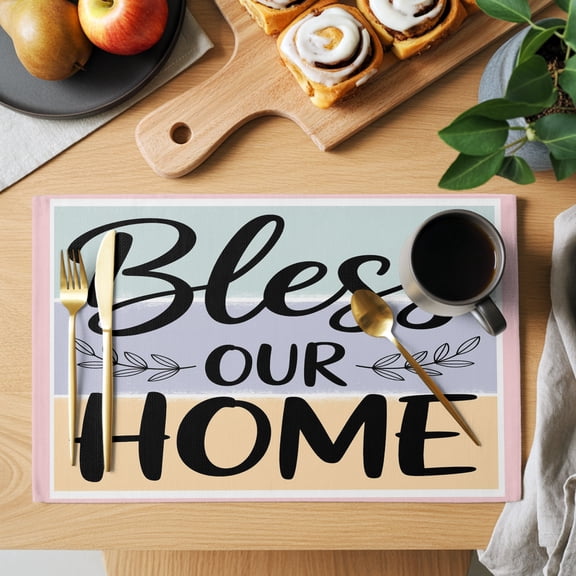 Table Placemats Set of 4 Bless Our Home Words Washable Place Mats Green Purple Yellow Stripe Non-Slip Insulation Table Mats for Kitchen Dining Party Decoration,13x19 Inch