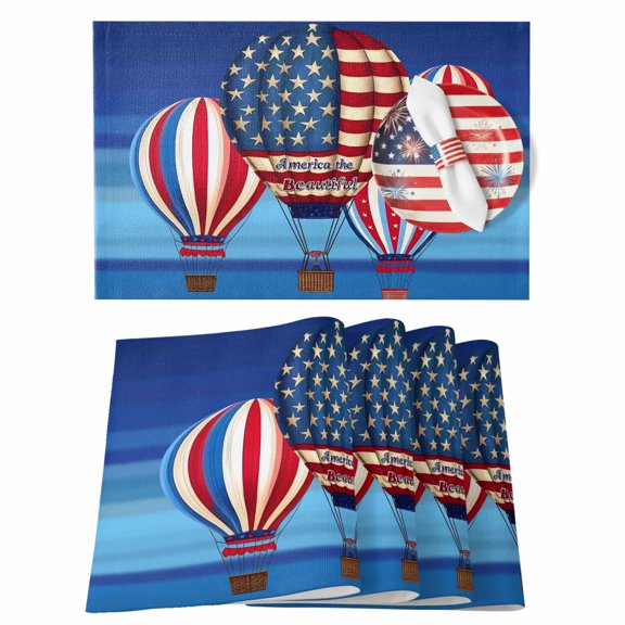 Table Placemats Set of 4,Blue Beautiful America Words Non-Slip Kitchen Dining Tables Place Mat,USA Flag Hot Air Balloon Washable Table Mats for Home Dinner Holiday Party Banquet
