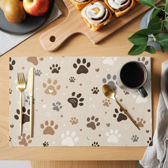 Table Placemats Set of 4 Brown White Dog Paw Prints Washable Place Mats Cute Cat Paws Non-Slip Insulation Table Mats for Kitchen Dining Party Decoration,13x19 Inch