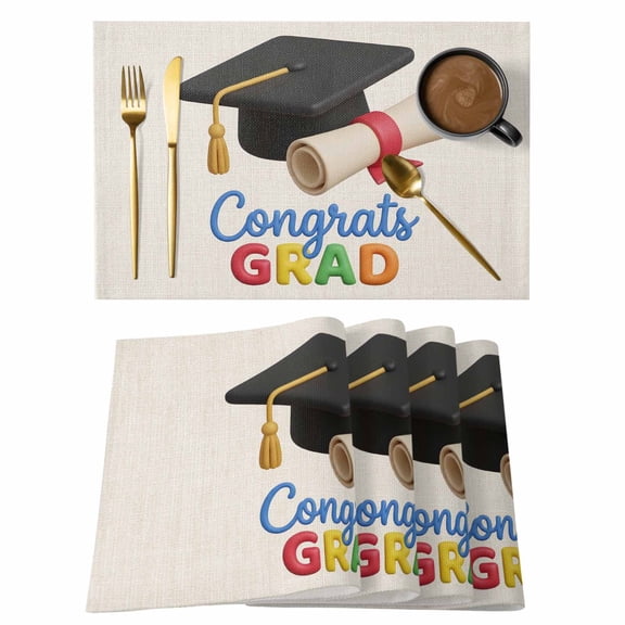 Table Placemats Set of 4,Cartoon Bachelor's Hat on Beige Non-Slip Kitchen Dining Tables Place Mat,Congrats Grad Quote Washable Table Mats for Home Dinner Holiday Party Banquet