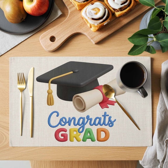 Table Placemats Set of 4 Cartoon Bachelor's Hat on Beige Washable Place Mats Congrats Grad Quote Non-Slip Insulation Table Mats for Kitchen Dining Party Decoration,13x19 Inch