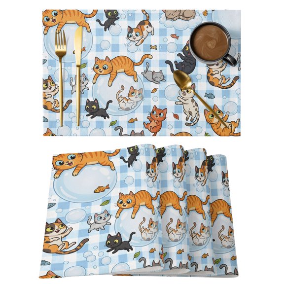 Table Placemats Set of 4,Cartoon Lovely Pets Fish Bubbles Non-Slip Kitchen Dining Tables Place Mat,Light Blue Check Washable Table Mats for Home Dinner Holiday Party Banquet