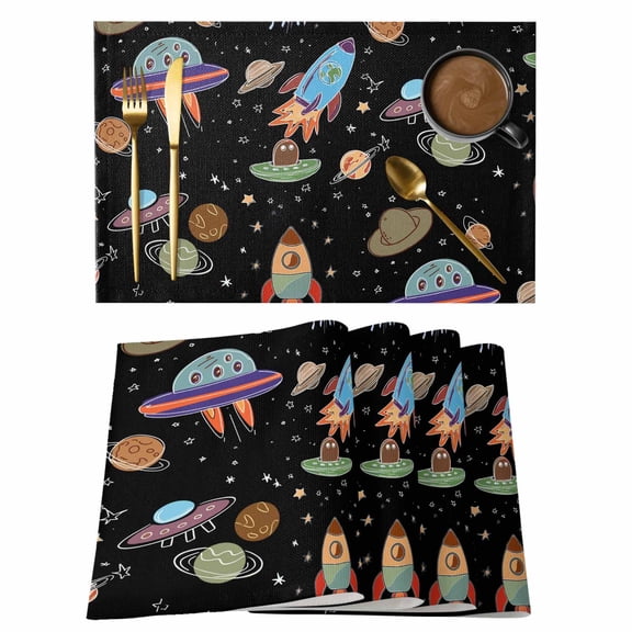 Table Placemats Set of 4,Cartoon Rocket Space Planet Non-Slip Kitchen Dining Tables Place Mat,Cute Spaceship on Black Washable Table Mats for Home Dinner Holiday Party Banquet