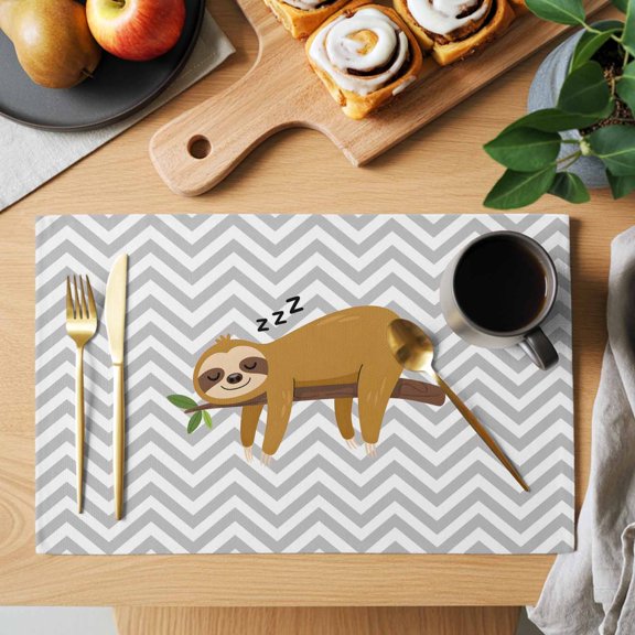 Table Placemats Set of 4 Cartoon Sloth Tree Branch Washable Place Mats Gray Chevron Stripe Animal Non-Slip Insulation Table Mats for Kitchen Dining Party Decoration,13x19 Inch