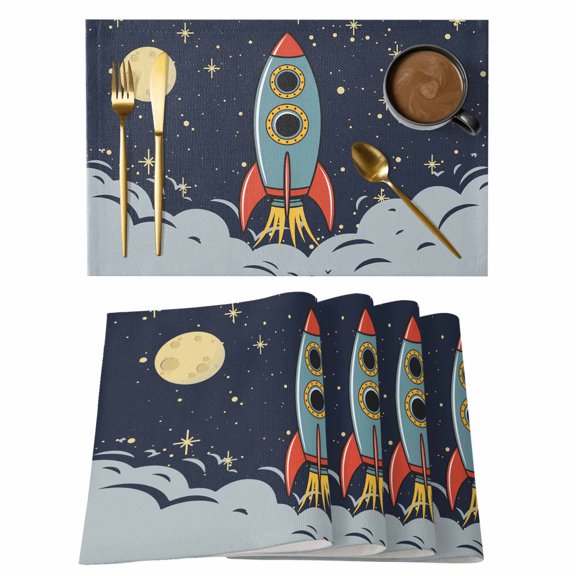 Table Placemats Set of 4,Cartoon Space Rocket Launch Stars and Moon Non-Slip Kitchen Dining Tables Place Mat,Outer Planet Washable Table Mats for Home Dinner Holiday Party Banquet