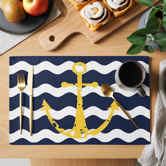 Table Placemats Set of 4 Chic Nautical Anchor on Navy Blue White Sripes Washable Place Mats Chevron Zig Zag Non-Slip Insulation Table Mats for Kitchen Dining Party Decoration,13x19 Inch