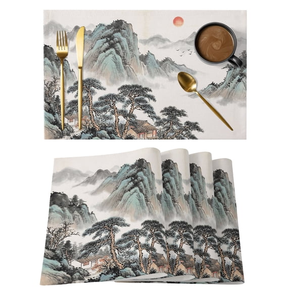 Table Placemats Set of 4,Chinese Mountains Trees Sun Sailboats Non-Slip Kitchen Dining Tables Place Mat,Abstract Art Washable Table Mats for Home Dinner Holiday Party Banquet