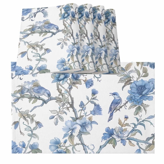 Table Placemats Set of 4,Chinese Style Flowers And Birds Figure Non-Slip Kitchen Dining Tables Place Mat,Blue Floral Art Washable Table Mats for Home Dinner Holiday Party Banquet