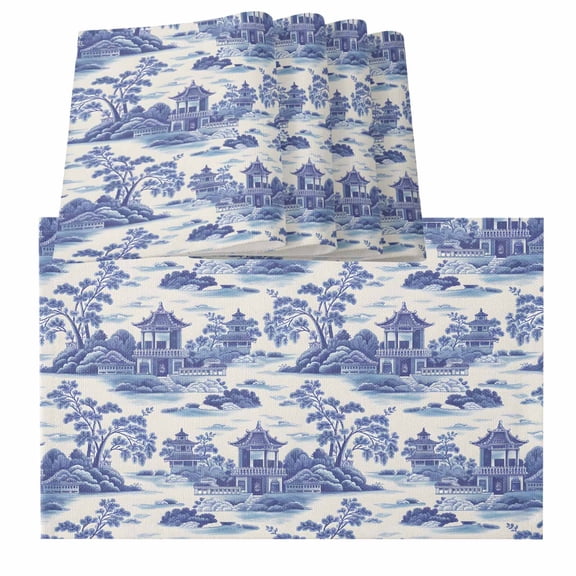 Table Placemats Set of 4,Chinese Style Garden Plant Landscape Non-Slip Kitchen Dining Tables Place Mat,Chinoiserie Washable Table Mats for Home Dinner Holiday Party Banquet