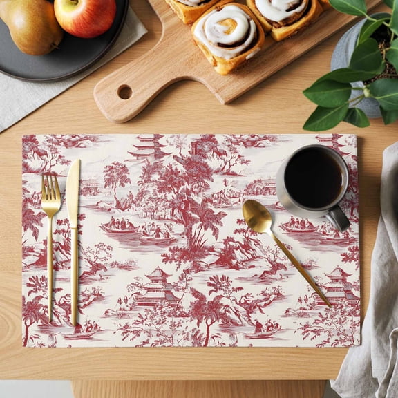 Table Placemats Set of 4 Chinoiserie Garden Asian Scenic Washable Place Mats Pavilion Hill Boat Tree Red Non-Slip Insulation Table Mats for Kitchen Dining Party Decoration,13x19 Inch