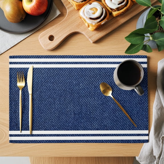 Table Placemats Set of 4 Classic Denim Texture Navy Blue Washable Place Mats Modern Minimalist Stripes Non-Slip Insulation Table Mats for Kitchen Dining Party Decoration,13x19 Inch