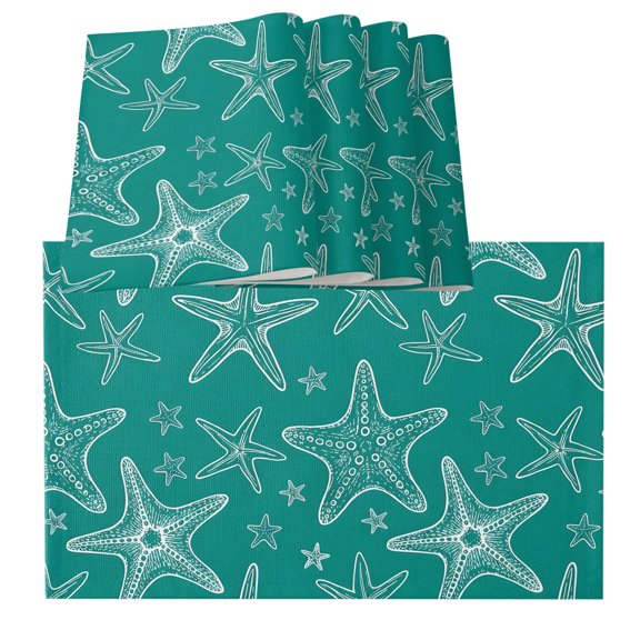 Table Placemats Set of 4,Coastal Sea Starfish Seamless Non-Slip Kitchen Dining Tables Place Mat,Ocean Creature on Cyan Washable Table Mats for Home Dinner Holiday Party Banquet