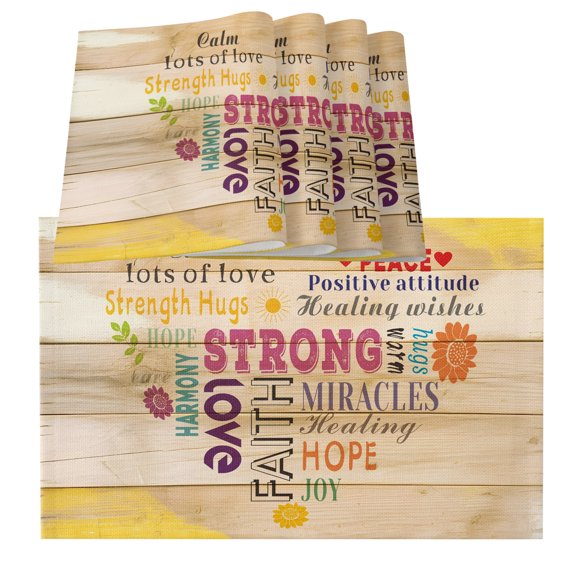 Table Placemats Set of 4,Colorful Inspiration Quotes Love Heart Design Non-Slip Kitchen Dining Tables Place Mat,Wood Plank Washable Table Mats for Home Dinner Holiday Party Banquet