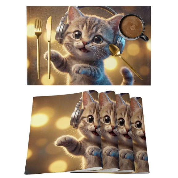 Table Placemats Set of 4,Cute Cat with Headphones Non-Slip Kitchen Dining Tables Place Mat,Abstract Funny Animal Art Washable Table Mats for Home Dinner Holiday Party Banquet