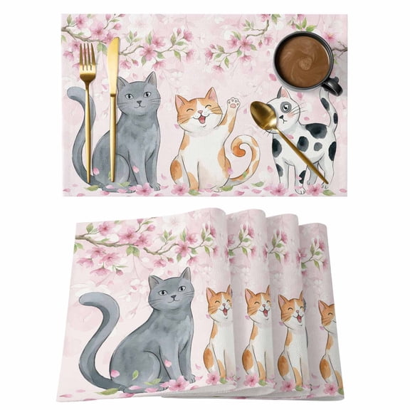 Table Placemats Set of 4,Cute Cats Pink Cherry Blossom Branches Non-Slip Kitchen Dining Tables Place Mat,Spring Summer Floral Washable Table Mats for Home Dinner Holiday Party Banquet