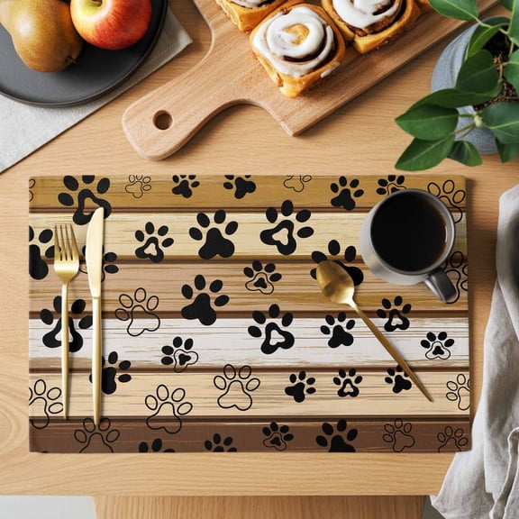Table Placemats Set of 4 Cute Dog Paw Print Farm Wood Board Washable Place Mats Pet Footprint Shadow Non-Slip Insulation Table Mats for Kitchen Dining Party Decoration,13x19 Inch
