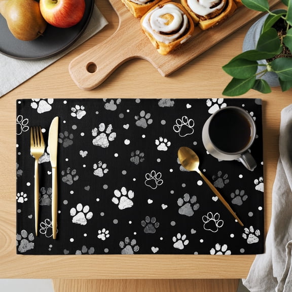 Table Placemats Set of 4 Cute Dog Paw Prints Washable Place Mats Cat Paws on Black Background Non-Slip Insulation Table Mats for Kitchen Dining Party Decoration,13x19 Inch