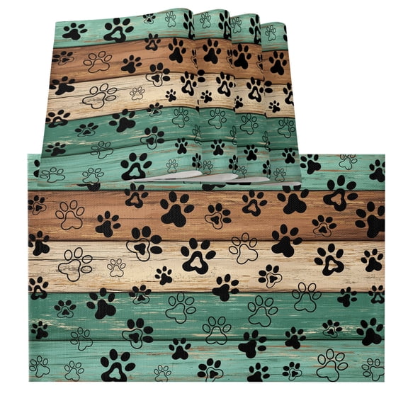 Table Placemats Set of 4,Dog Paws Rustic Wooden Plank Non-Slip Kitchen Dining Tables Place Mat,Vintage Green Wood Texture Washable Table Mats for Home Dinner Holiday Party Banquet