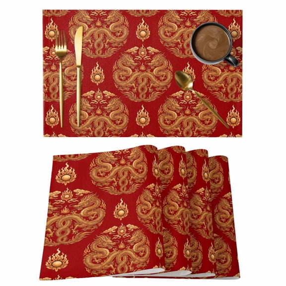 Table Placemats Set of 4,Dragon Chinese New Year Non-Slip Kitchen Dining Tables Place Mat,Vintage Red Backdrop Washable Table Mats for Home Dinner Holiday Party Banquet