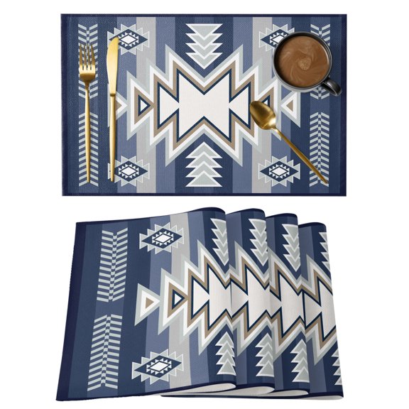 Table Placemats Set of 4,Ethnic Boho Morocco Theme Non-Slip Kitchen Dining Tables Place Mat,Aztec Blue Geometric Art Washable Table Mats for Home Dinner Holiday Party Banquet